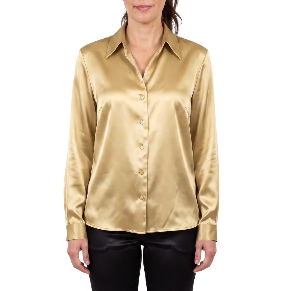 Vintage Y2K 90'S JOAN LESLIE Satin Gold Metallic Button Up Blouse Shirt 10